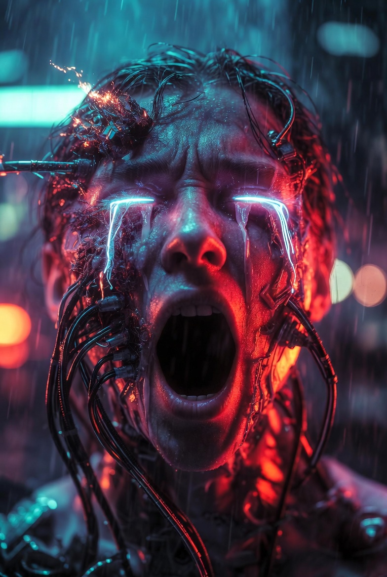 AIBoxBot场景实战：赛博撕裂的悲鸣：近景人脸情绪特写｜Midjourney 构图提示词 - AIBoxBot