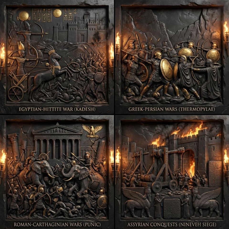 AIBoxBot视觉拆解：古文明战争的瞬间对决：2×2 网格构图｜NanoBanana 教程 - AIBoxBot