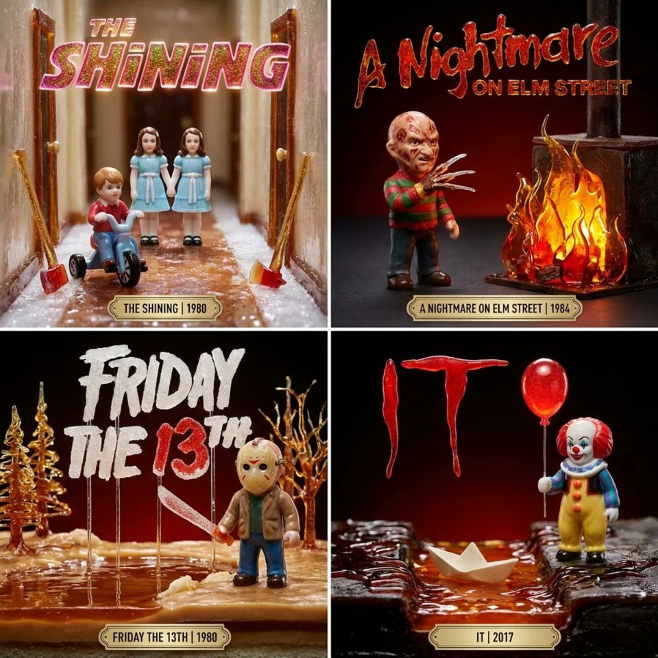 AIBoxBot风格练习：恐怖电影 × 水晶糖地狱：趣味4宫格玩法｜NanoBanana 提示词分享 - AIBoxBot