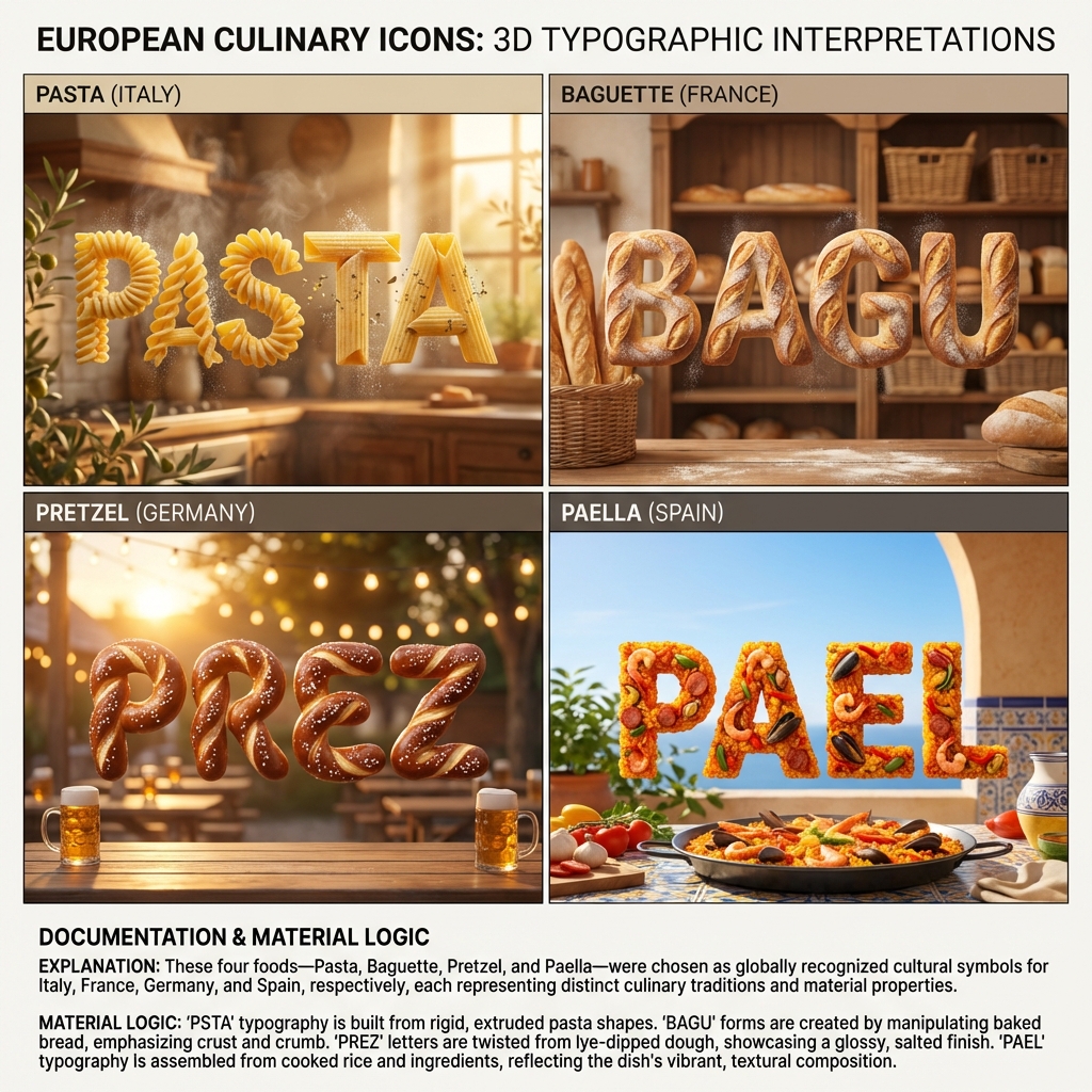 AIBoxBot最新教程：美食拟物 3D 字体：用食物做字的实验 | NanoBanana（附提示词） - AIBoxBot