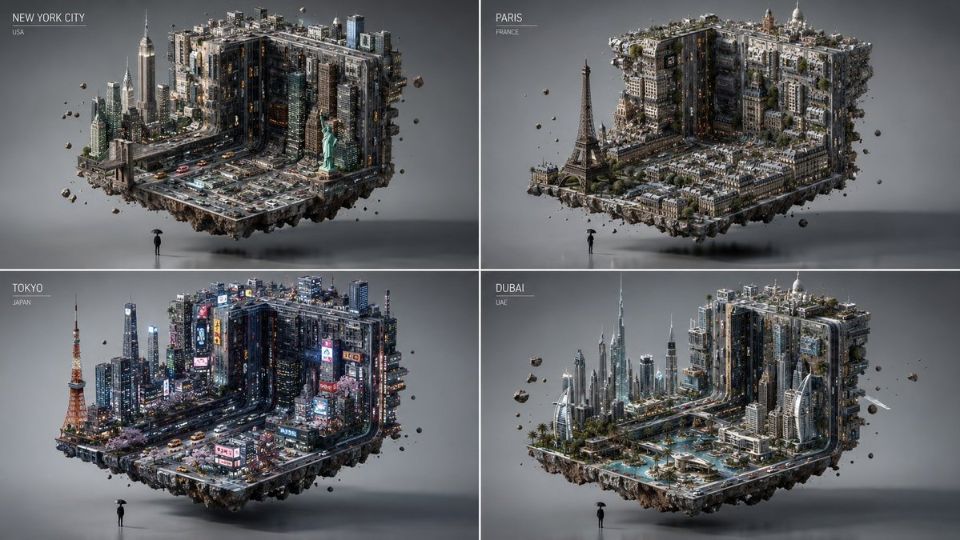 AIBoxBot案例解析：折叠城市立体景观：盗梦空间式城市折叠｜Midjourney 提示词 - AIBoxBot