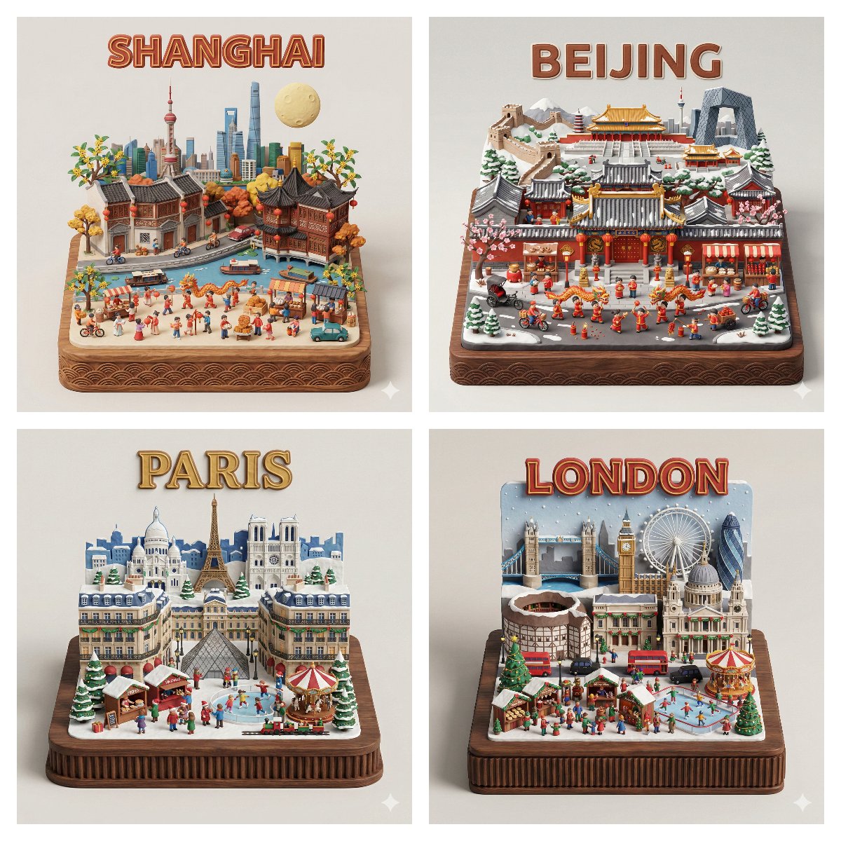 AIBoxBot案例解析：皮克斯黏土×3D浮雕：季节城市小宇宙｜NanoBanana 提示词 - AIBoxBot