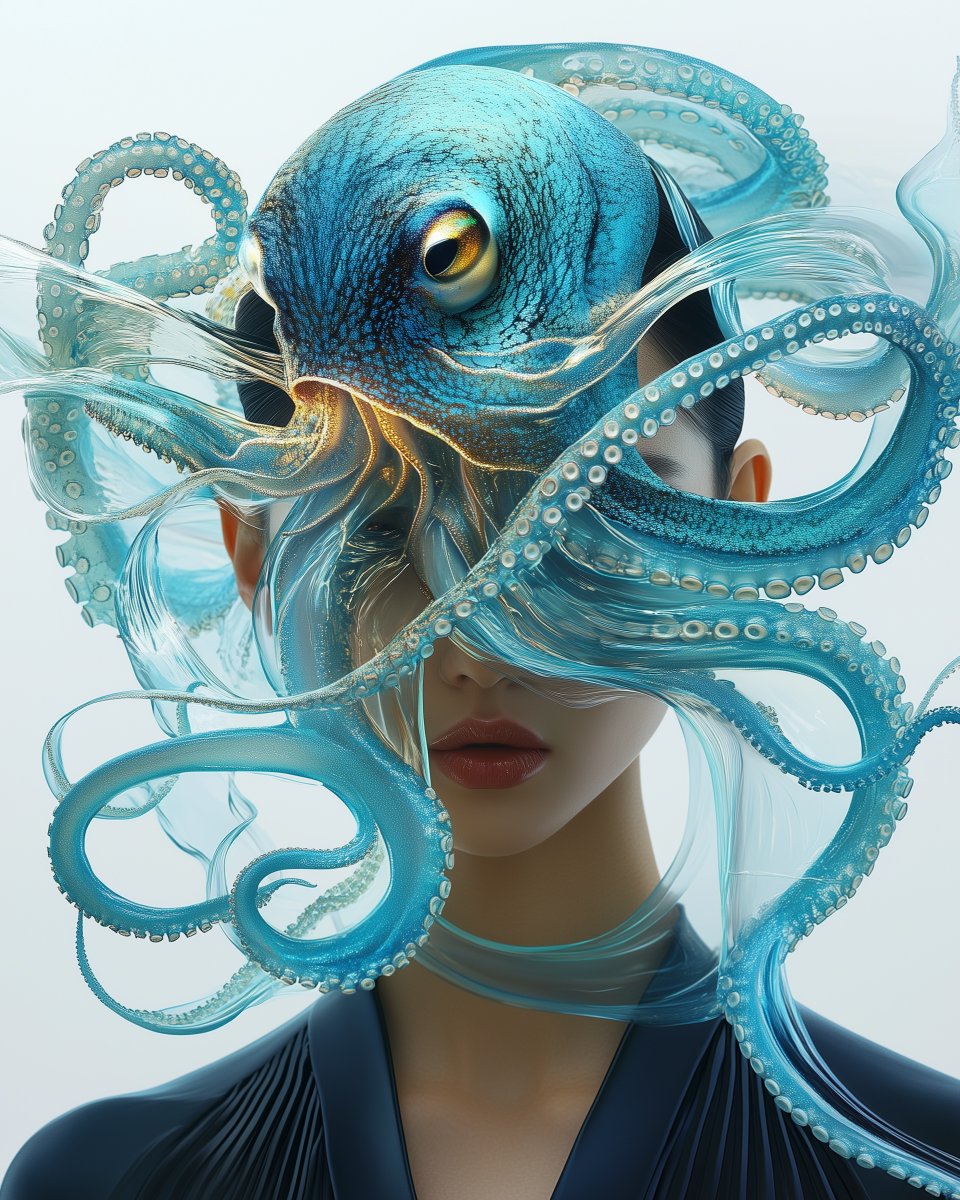 AIBoxBot构图进阶：霓虹章鱼时装：透明材质下的超现实人像｜Midjourney 提示词 - AIBoxBot