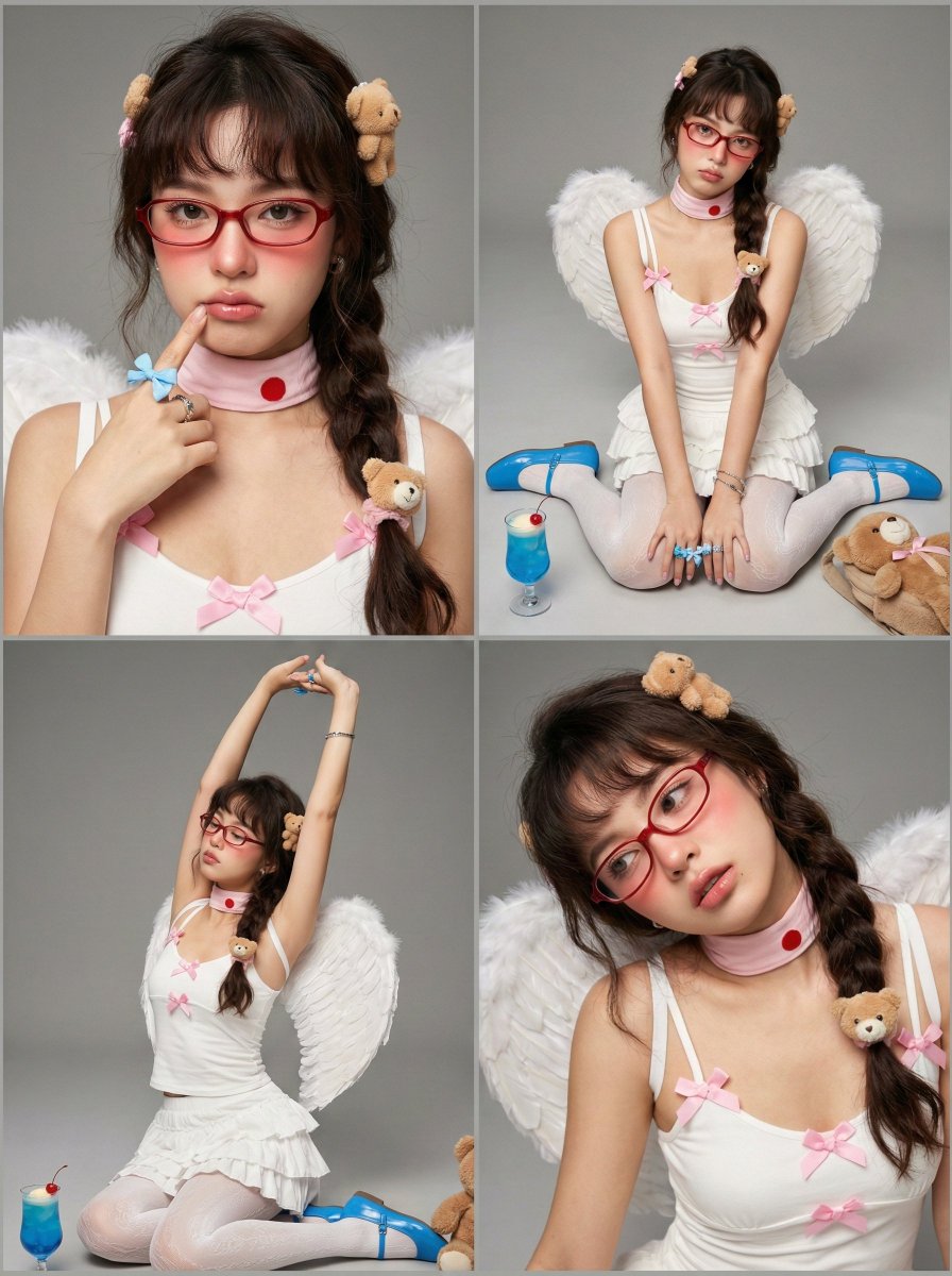 AIBoxBot案例解析：复古幼态感：红框眼镜与白蕾丝小裙搭配示范｜Midjourney 提示词 - AIBoxBot