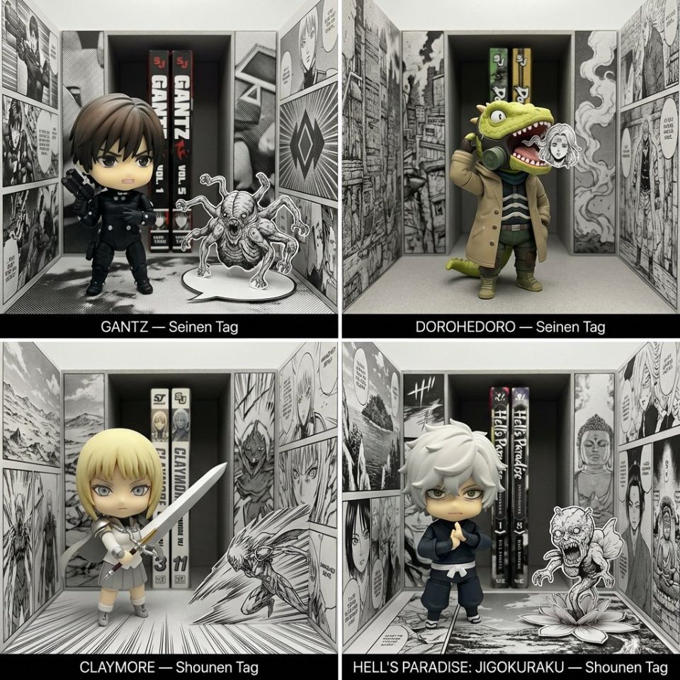 AIBoxBot视觉笔记：AI 智能安利：为你定制《电锯人》风格漫画｜NanoBanana 构图实操指南 - AIBoxBot