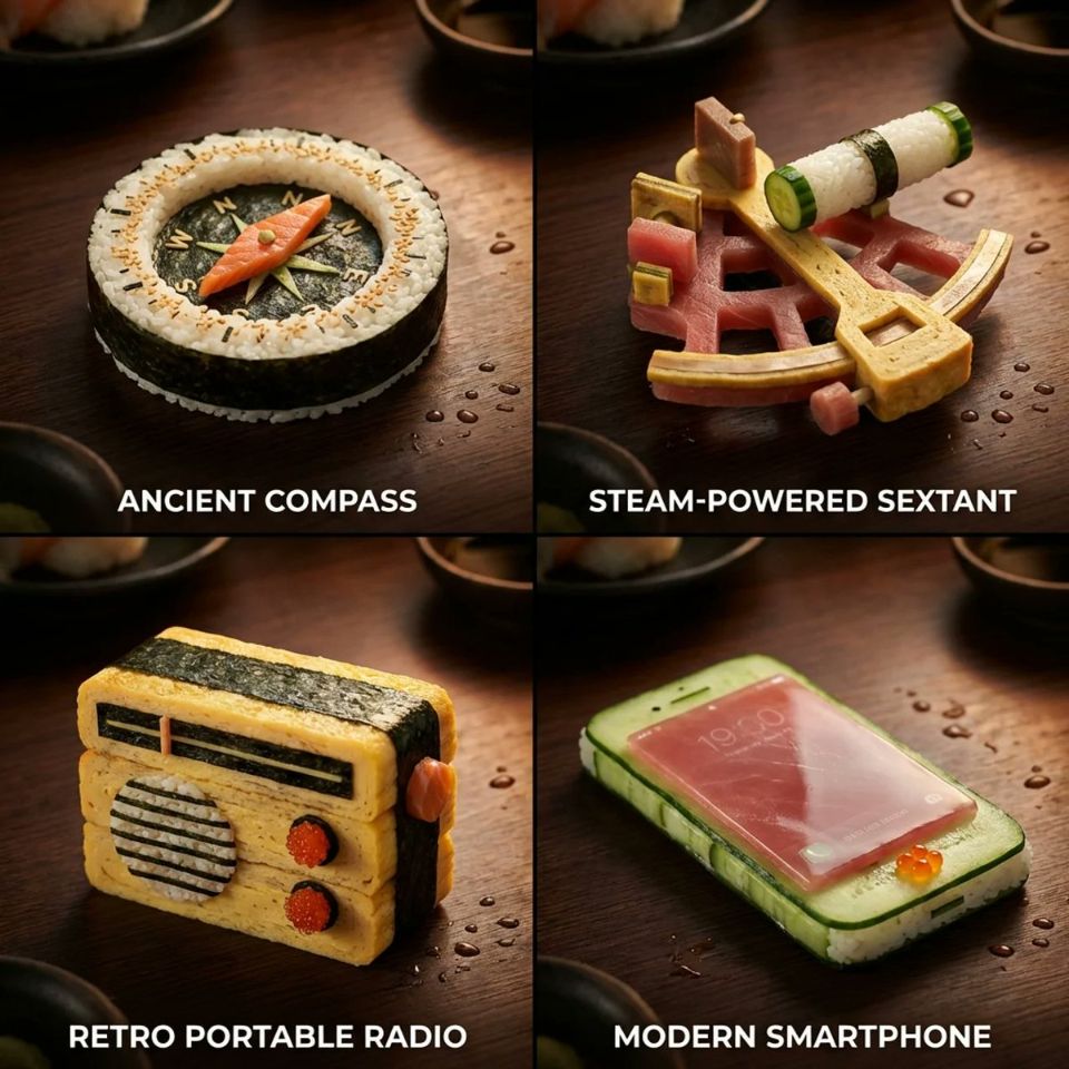 AIBoxBot风格练习：科技时代 × 寿司灵感的跨界可视化｜NanoBanana 提示词分享 - AIBoxBot