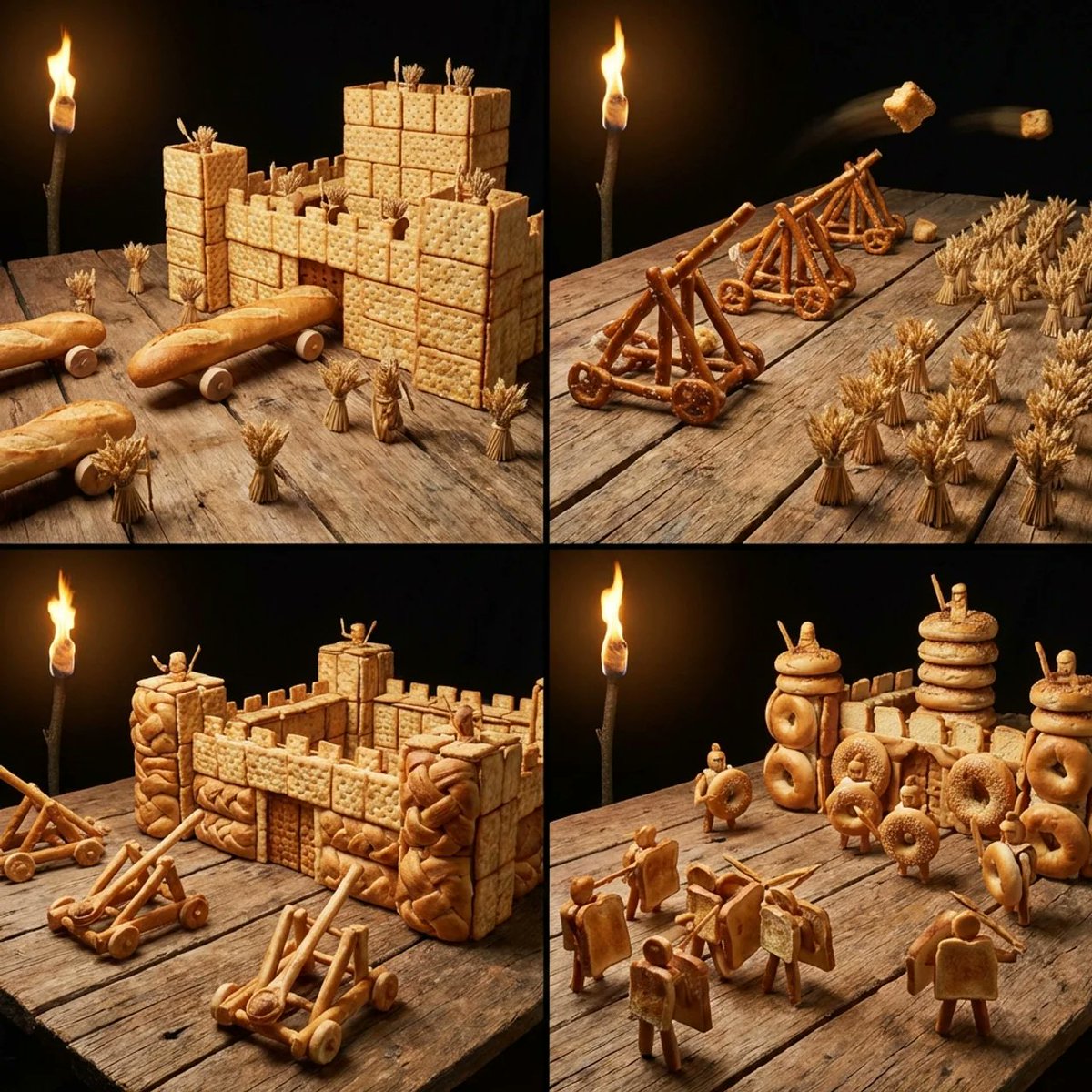 AIBoxBot风格练习：面包攻城战：中世纪战场的美食脑洞｜NanoBanana 提示词分享 - AIBoxBot