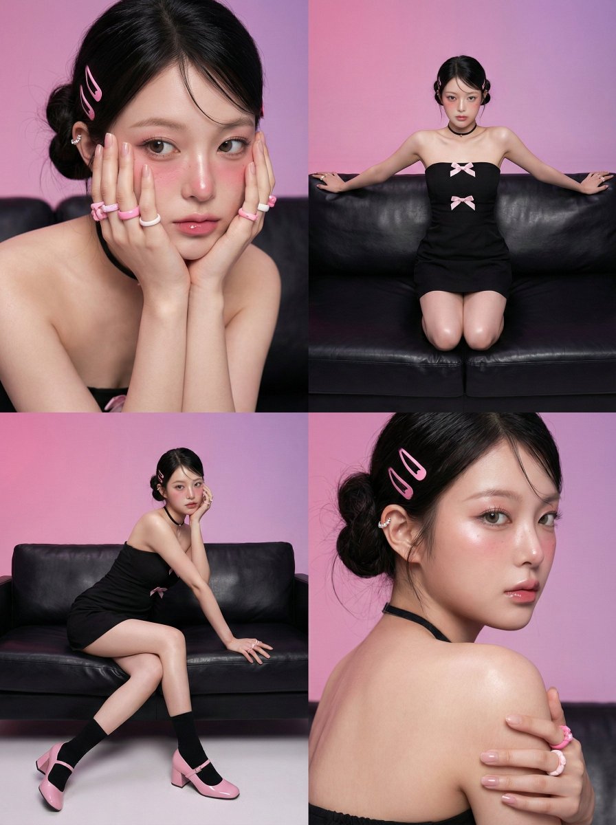 AIBoxBot实战笔记：黑色礼服粉蝴蝶结少女四宫格练习｜Midjourney 教程 - AIBoxBot