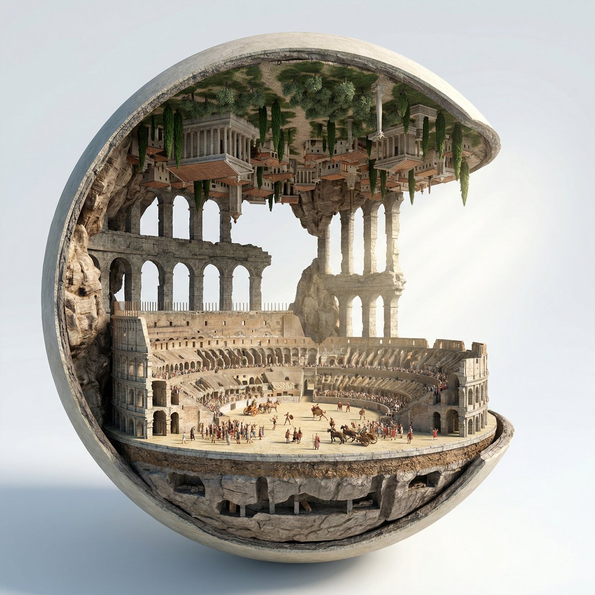 AIBoxBot案例解析：中空世界概念场景：城市与巨构的解构玩法  ｜NanoBanana 提示词 - AIBoxBot