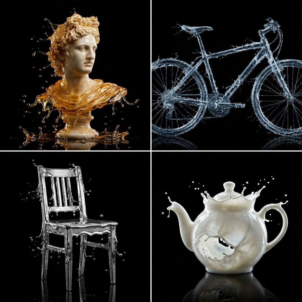 AIBoxBot构图拆解：液体物理加持的“固体物件”实验｜NanoBanana 实操指南（附提示词） - AIBoxBot