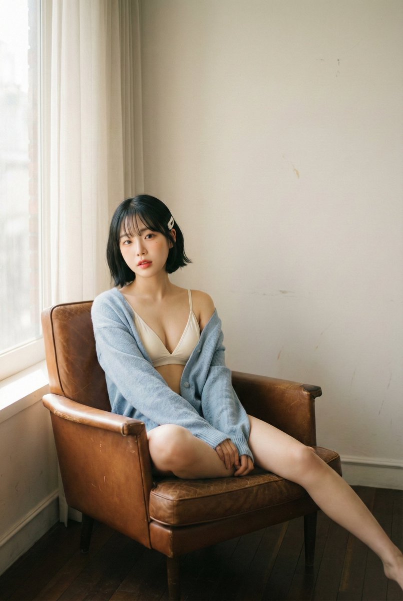 AIBoxBot场景实战：柔光私语：旧皮椅上的韩系气质人像｜Midjourney 构图提示词 - AIBoxBot