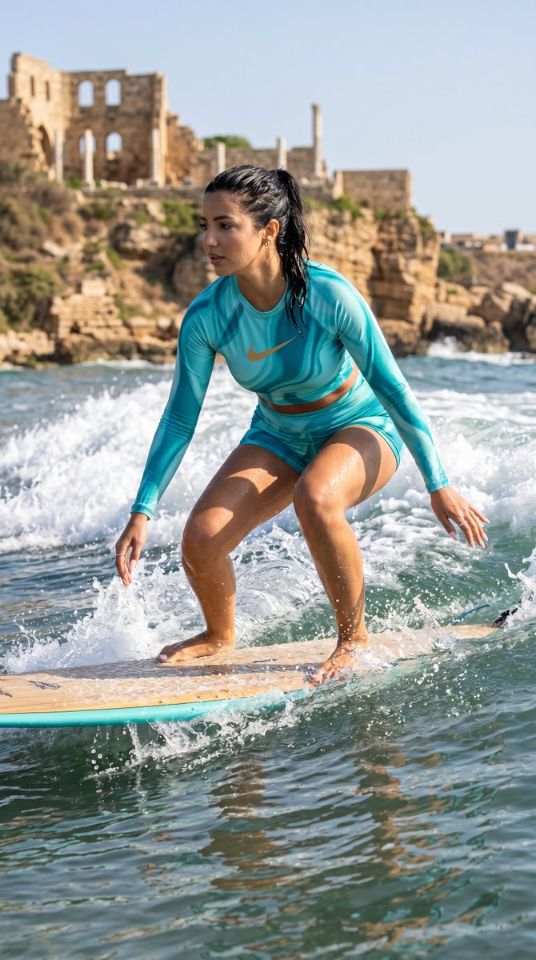 AIBoxBot场景实战：都市女战士：Nike 风格冲浪海报｜NanoBanana 构图提示词 - AIBoxBot