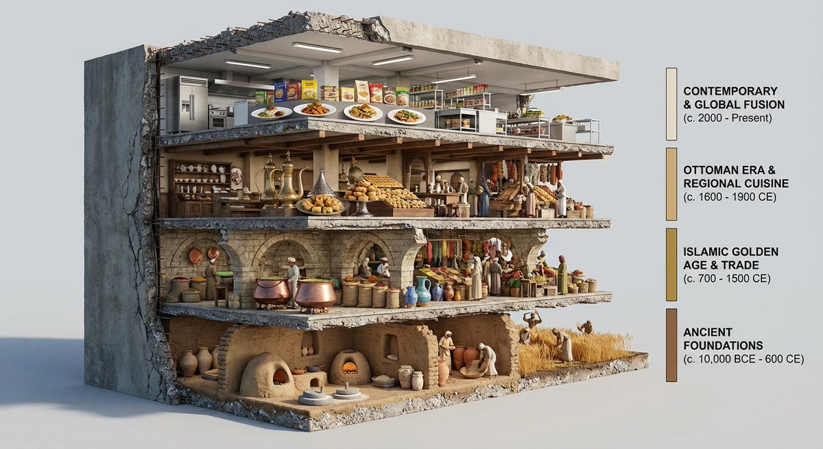 AIBoxBot构图进阶：中东美食进化史：像博物馆切面一样看懂｜NanoBanana 提示词 - AIBoxBot