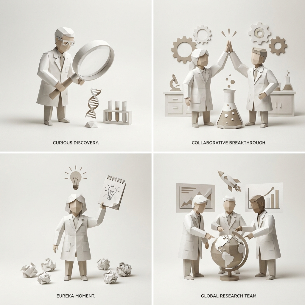 AIBoxBot视觉笔记：折纸风立体小剧场：科学家主题 2x2 提示结构｜NanoBanana 构图实操指南 - AIBoxBot