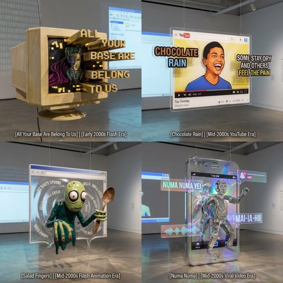 AIBoxBot风格练习：00 年代经典梗图展：2x2 互联网博物馆｜NanoBanana 提示词分享 - AIBoxBot