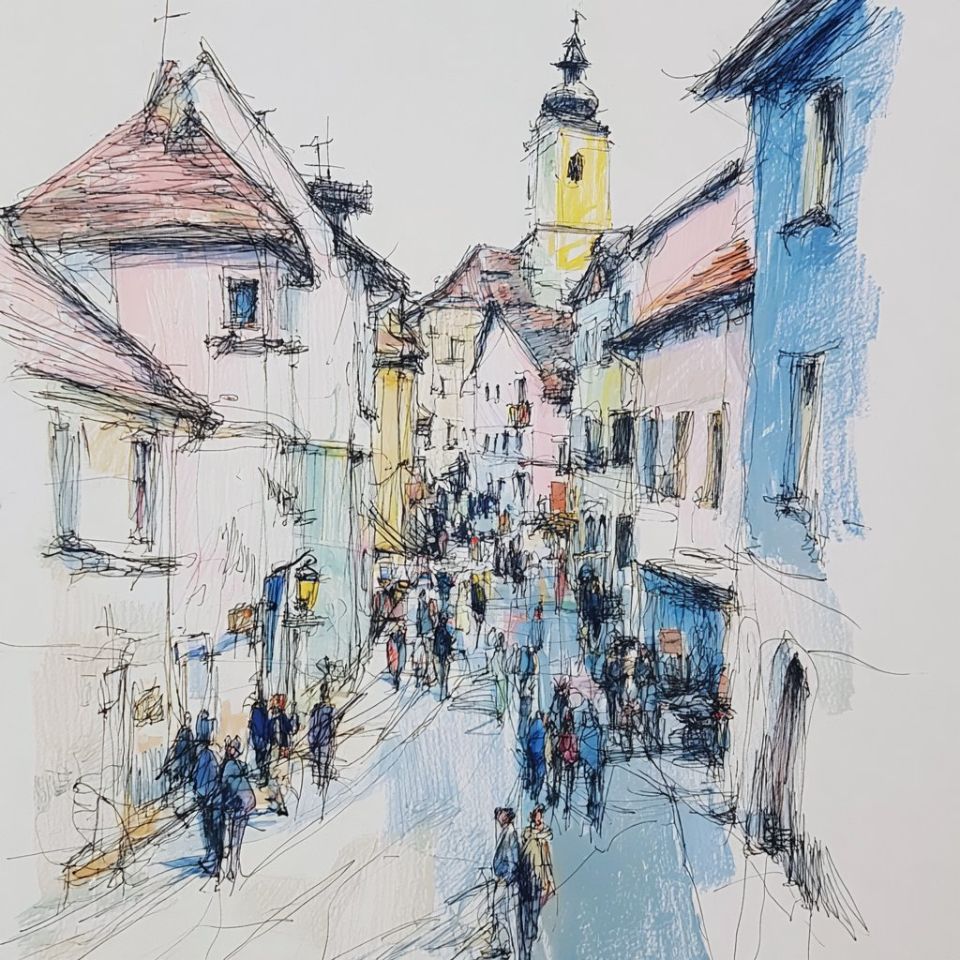 AIBoxBot构图拆解：V7 城市速写水彩风：松散线条与柔和墨色｜Midjourney 实操指南（附提示词） - AIBoxBot