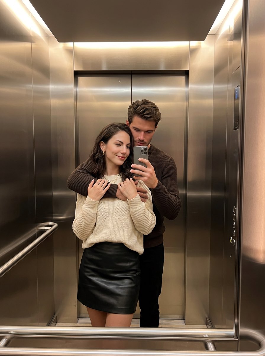 **电梯镜子情侣自拍：写实亲密人像练习** - AIBoxBot