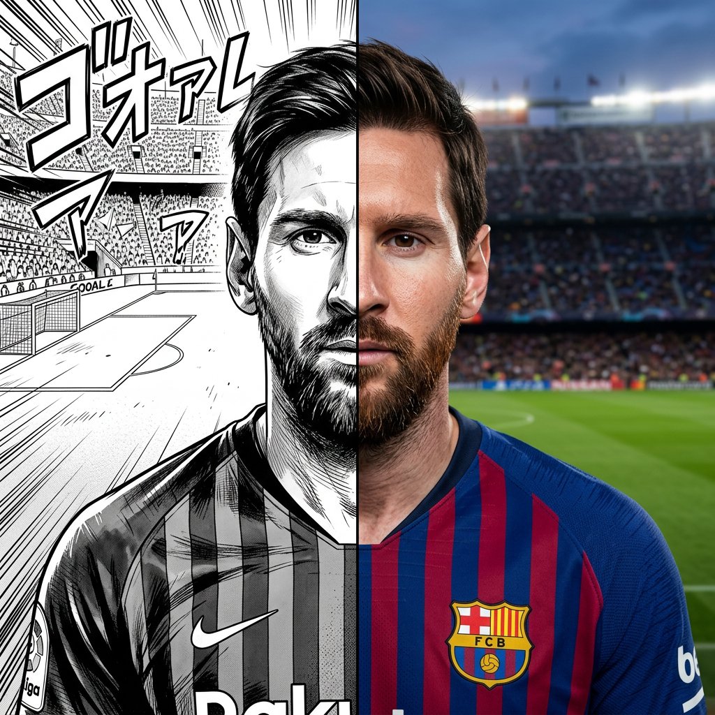 AIBoxBot构图进阶：双重维度人像：漫画与真实的梅西对照｜Midjourney 提示词 - AIBoxBot