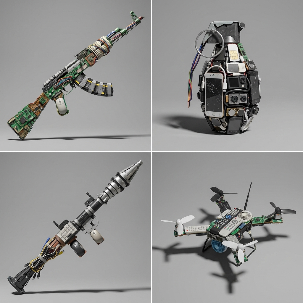 AIBoxBot风格练习：电子垃圾做成战争武器？超现实反差创意｜NanoBanana 提示词分享 - AIBoxBot