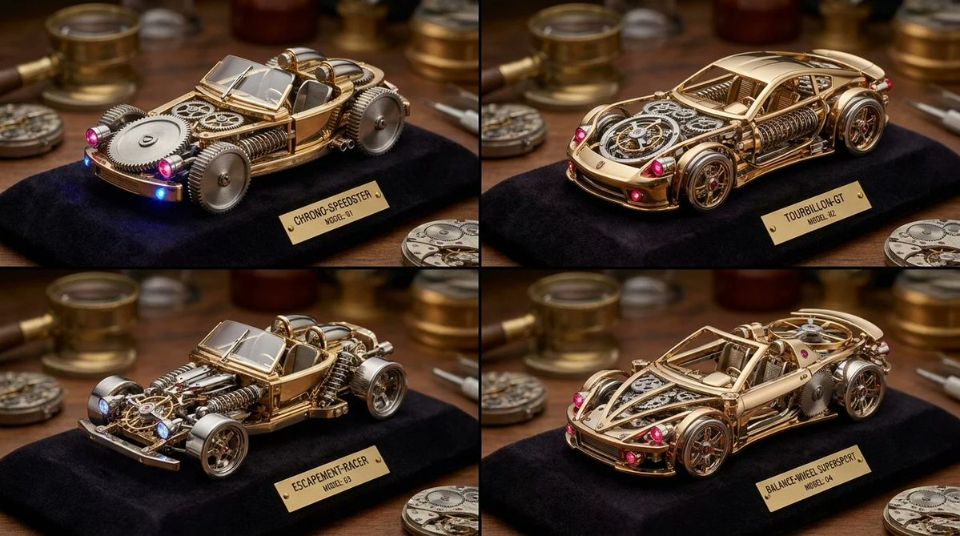 AIBoxBot构图进阶：机械腕表零件打造的奢华跑车四宫格｜Midjourney 提示词 - AIBoxBot