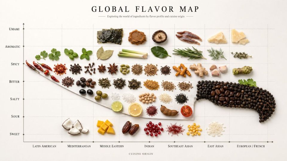 AIBoxBot视觉拆解：风味地图矩阵：厨师剪影构成的食材版图｜Midjourney 教程 - AIBoxBot