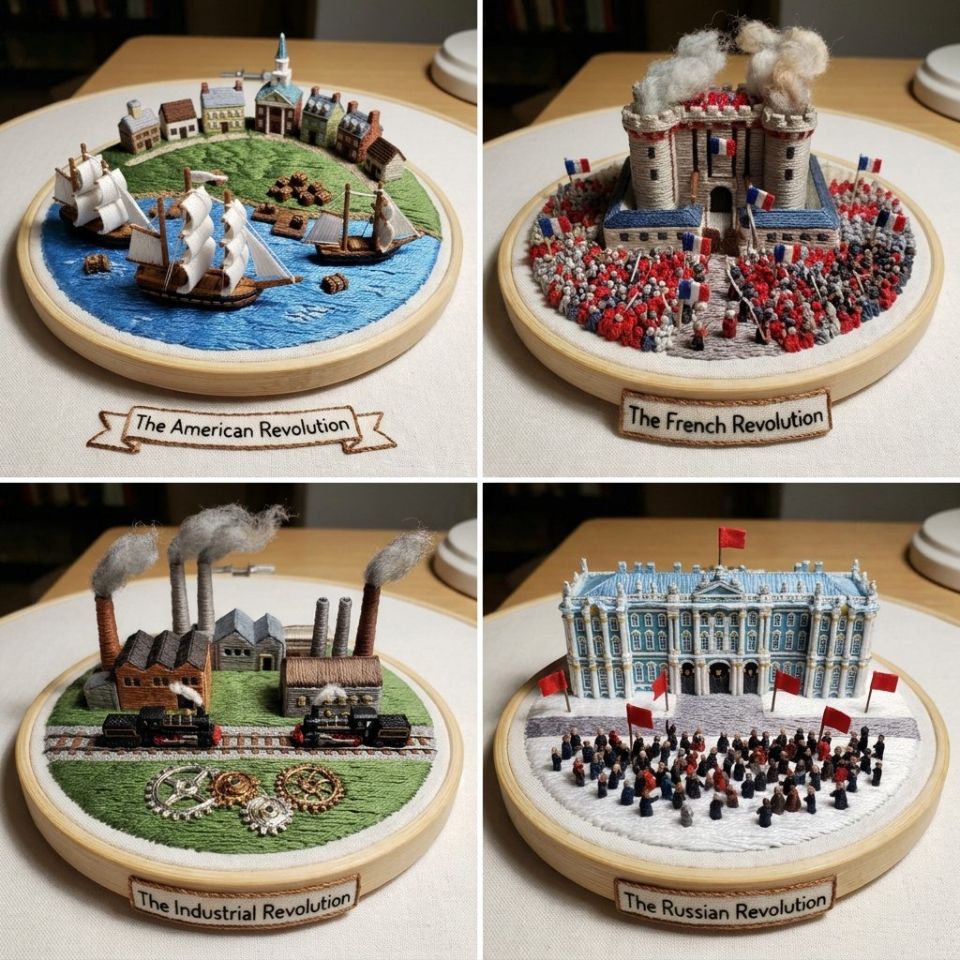 AIBoxBot创作练习：历史革命刺绣成画：2x2 史诗场景拼贴｜Midjourney 提示词分享 - AIBoxBot