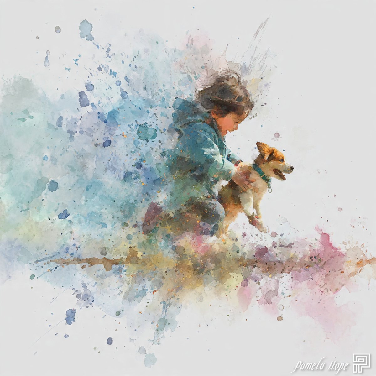 AIBoxBot场景实战：朦胧水彩情绪：孩子与小狗的温柔瞬间｜Midjourney 构图提示词 - AIBoxBot