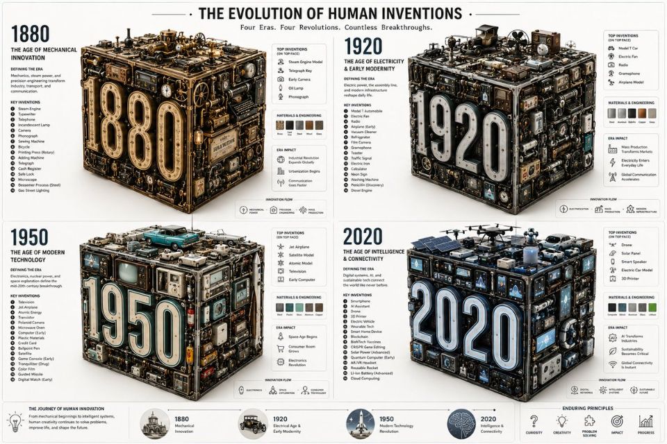 AIBoxBot构图拆解：跨时代发明图谱：用 2x2 网格讲故事｜NanoBanana 实操指南（附提示词） - AIBoxBot