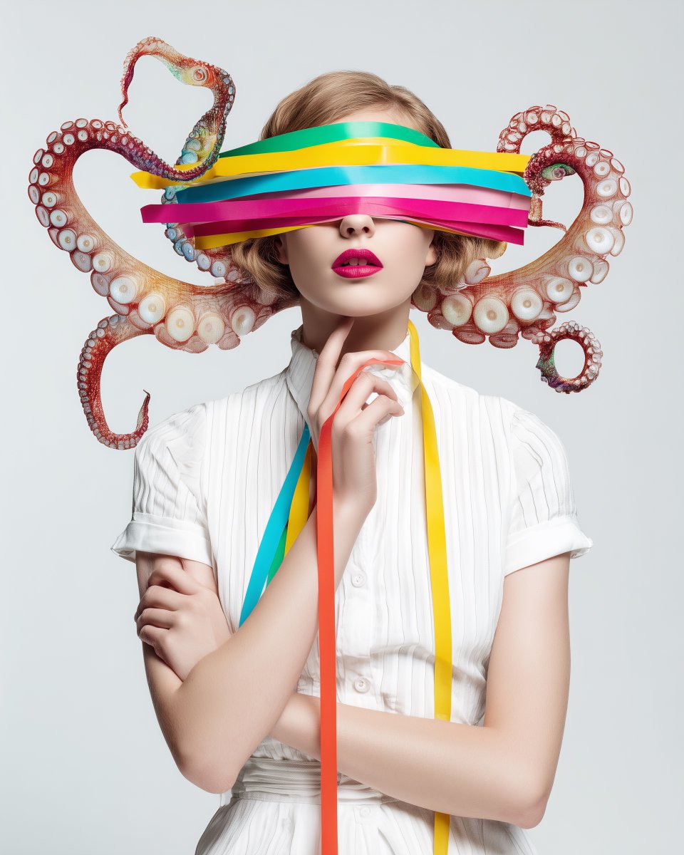 AIBoxBot构图进阶：极简白底与拼贴章鱼的人像海报｜Midjourney 提示词 - AIBoxBot