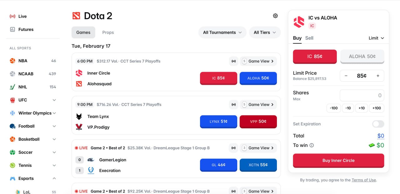 Polymarket最新电竞类别，增加了联赛和联赛级别的筛选，终于上线这个功能了： - AIBoxBot