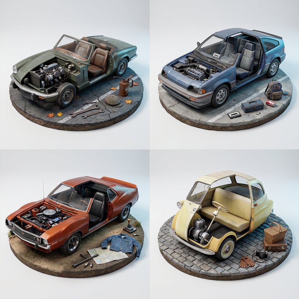 AIBoxBot构图拆解：被遗忘的经典座驾：4格拆解微缩景｜NanoBanana 实操指南（附提示词） - AIBoxBot