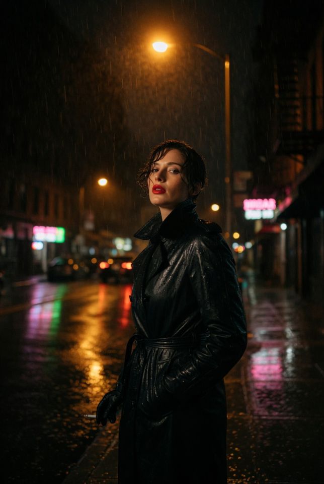 AIBoxBot构图进阶：黑色电影感 · 雨夜街灯人像练习｜Midjourney 提示词 - AIBoxBot