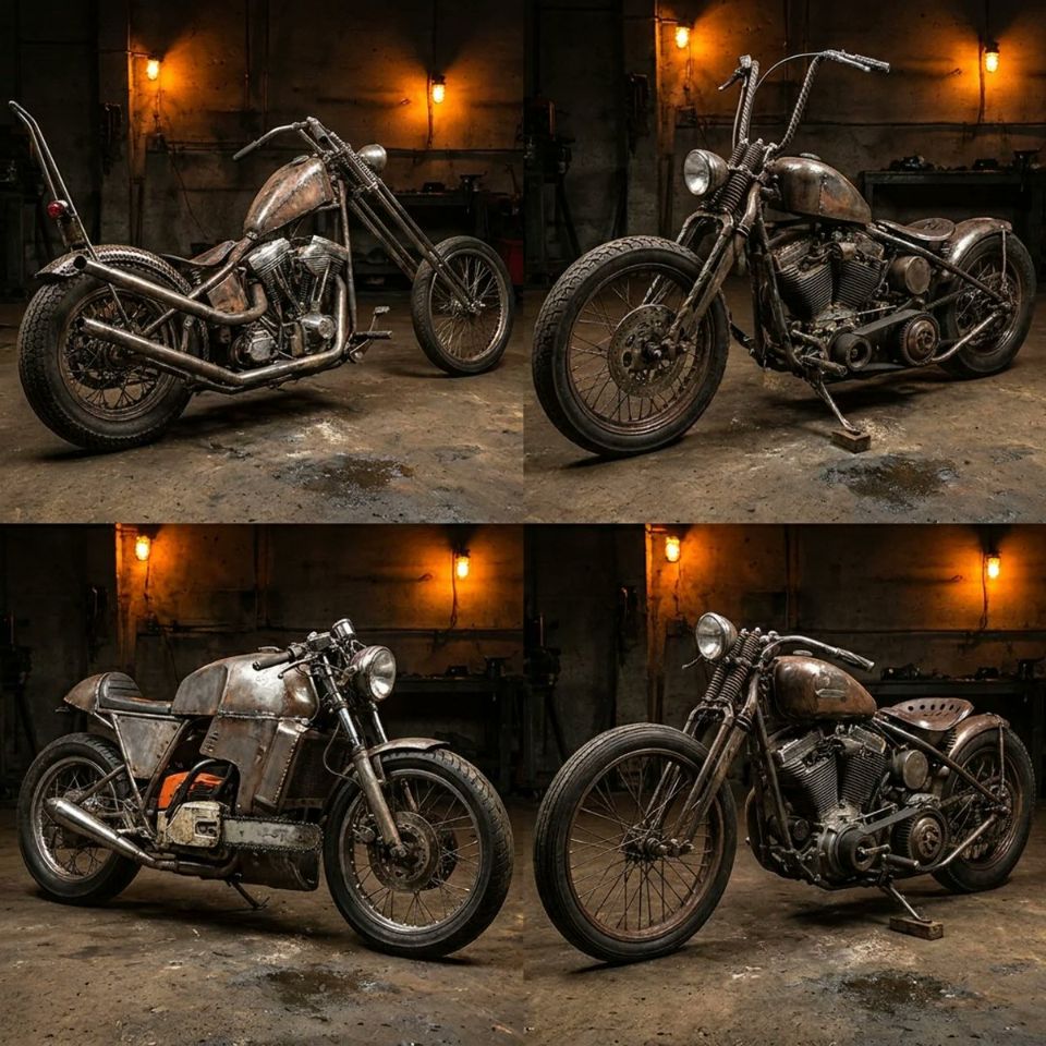 AIBoxBot最新教程：废旧零件拼出的传奇机车四宫格 | NanoBanana（附提示词） - AIBoxBot