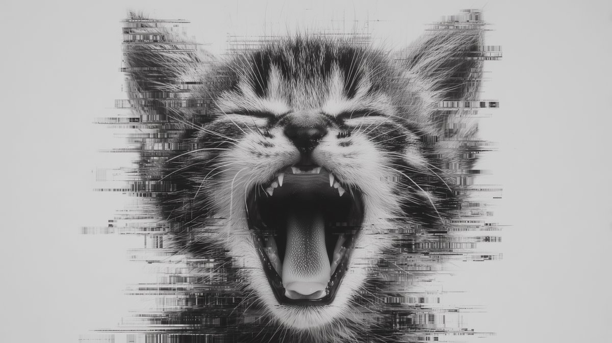 AIBoxBot视觉拆解：极简黑白小猫呵欠与故障艺术感｜Midjourney 教程 - AIBoxBot