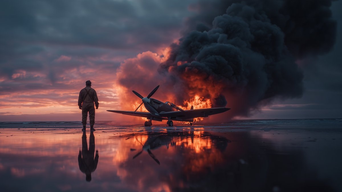 AIBoxBot案例解析：燃烧中的战机：广角电影感场景练习｜Midjourney 提示词 - AIBoxBot